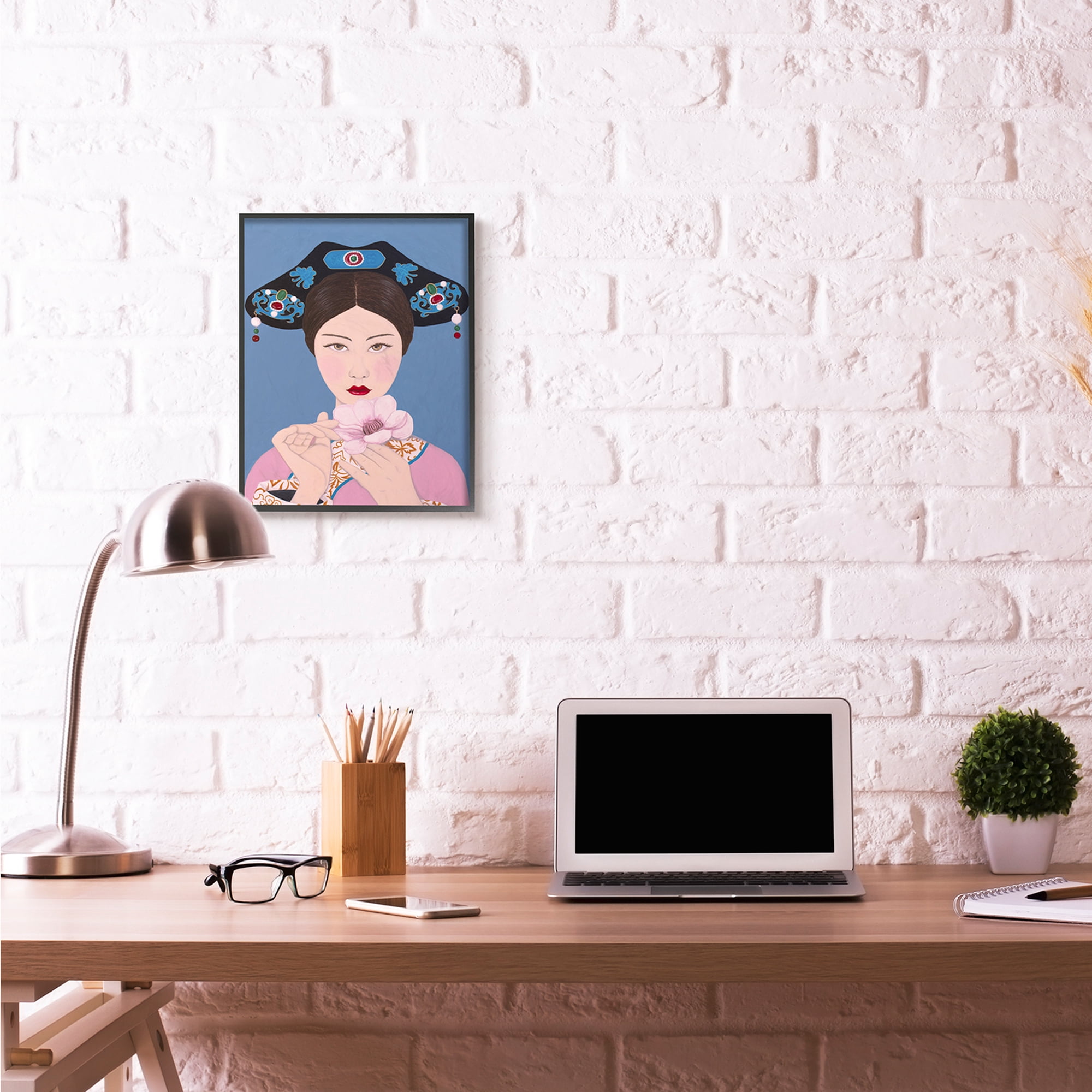 Stupell Industries Chinese Woman And Flower Pink Blue Painting Black Framed Art Print Wall Art, 16x20, by Sally B
