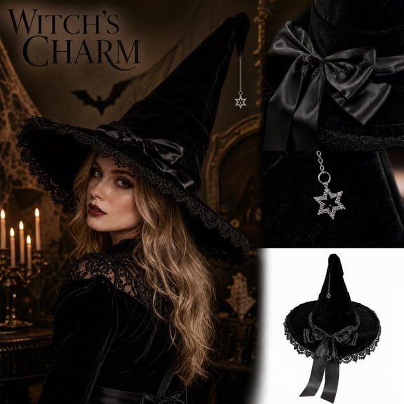 Halloween Witch Hat Women, Gothic Velvet with Wide Brim and Bow, Halloween Costume Hat for Women Black