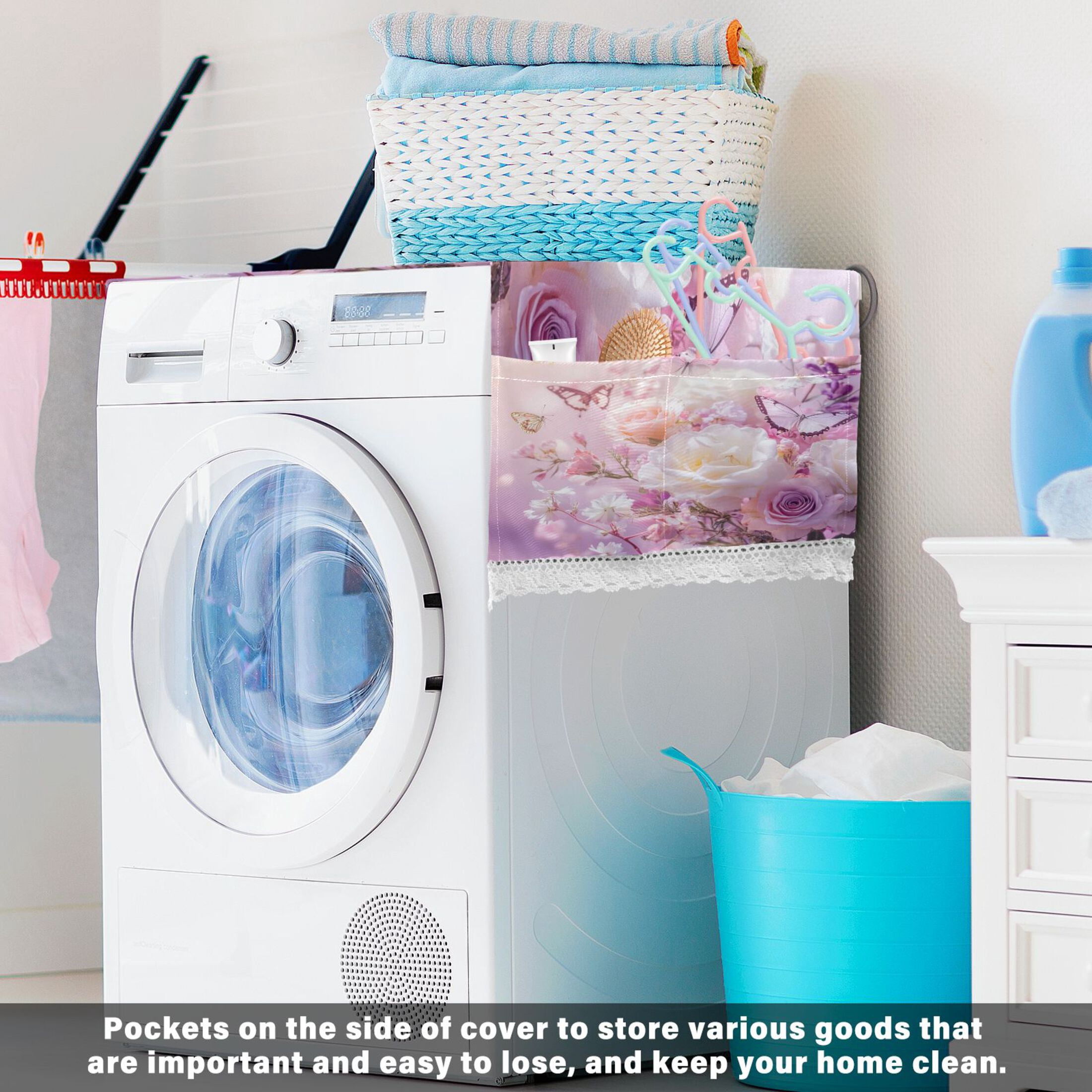 Washing Machine Cover 51.2x22in, Durable Polyester Dust Cover with Lace Trim and Side Pocket for Appliances Butterfly Garden