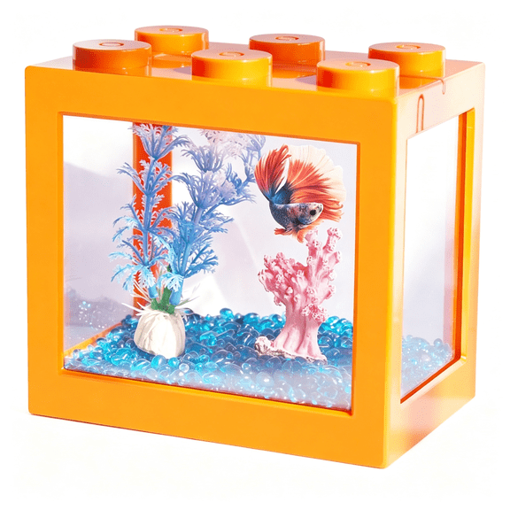 BPPEG Betta Fish Tanks,Aquarium Tanks,Stackable Mini Fish Tank Aquarium Tank Kit,3/5 Gallon Rectangular Fish Bowl with Aquarium Gravel Decoration,Cube Tank for Seaweed Balls Sea Monkeys,Orange
