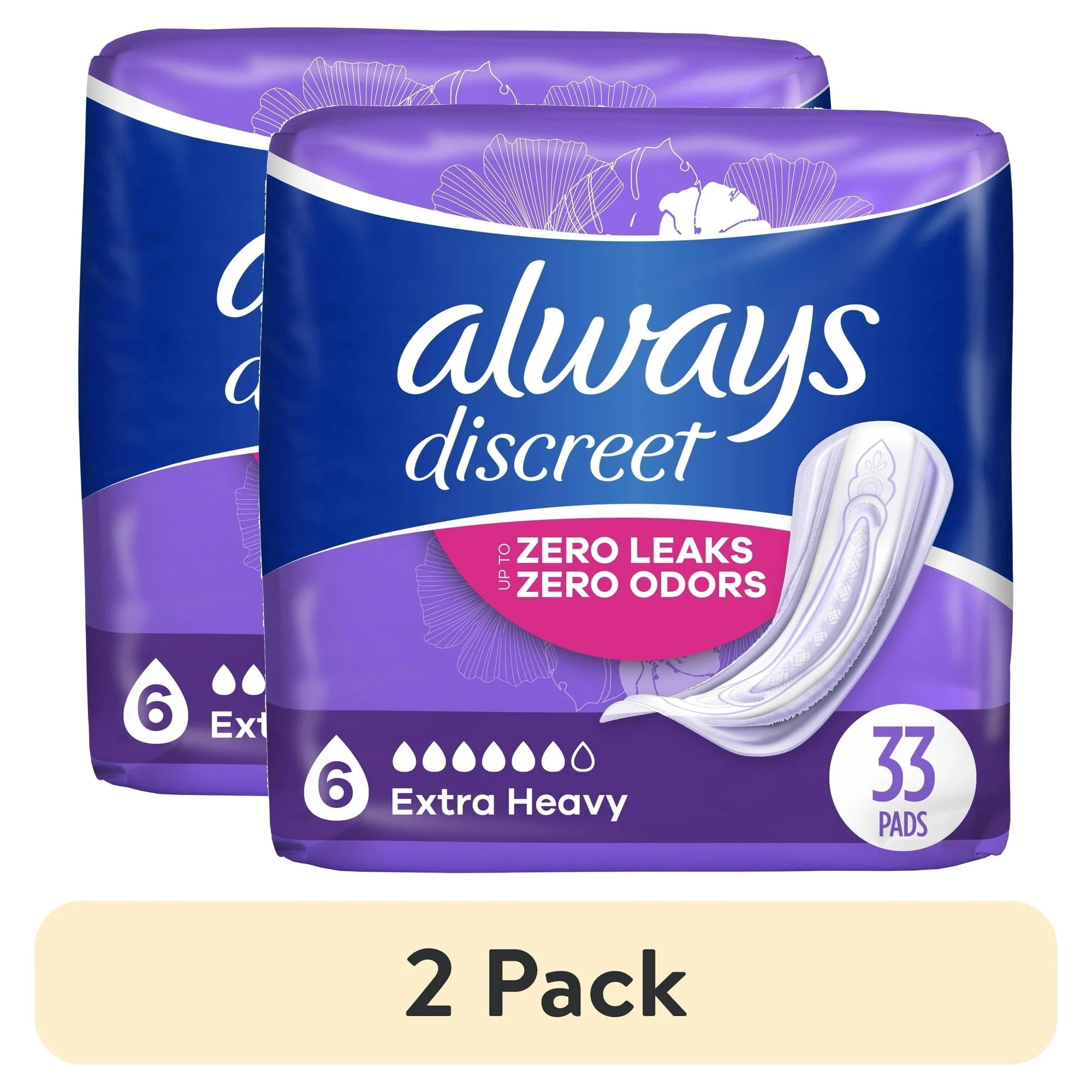 Always Discreet Adult Incontinence Pads for Women, Extra Heavy Absorbency, Regular Length, Postpartum Pads, Up to 100% Bladder Leak Protection, 33 Count x 2 Packs (66 Count Total)