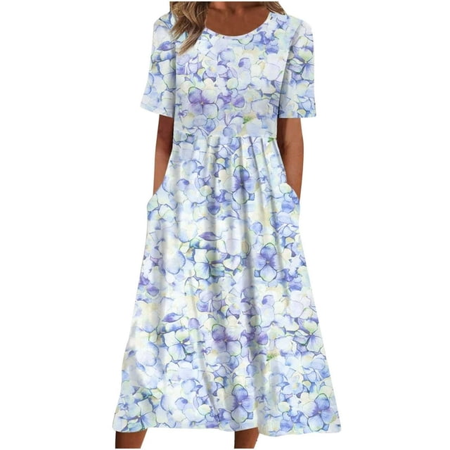 JUNWELL Liquidation sous 10.00 Robes d'Été pour Femmes Manches Courtes Mode Femmes Décontracté Aguichant Col Rond Imprimé Robe d'Été Manches Courtes avec Poches