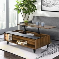 Gzxs Farmhouse Lift Top Coffee Table with Side Shelf, 47" Rustic Center Table with Large Hidden Storage Compartments, for Living Room, Walnut & Black