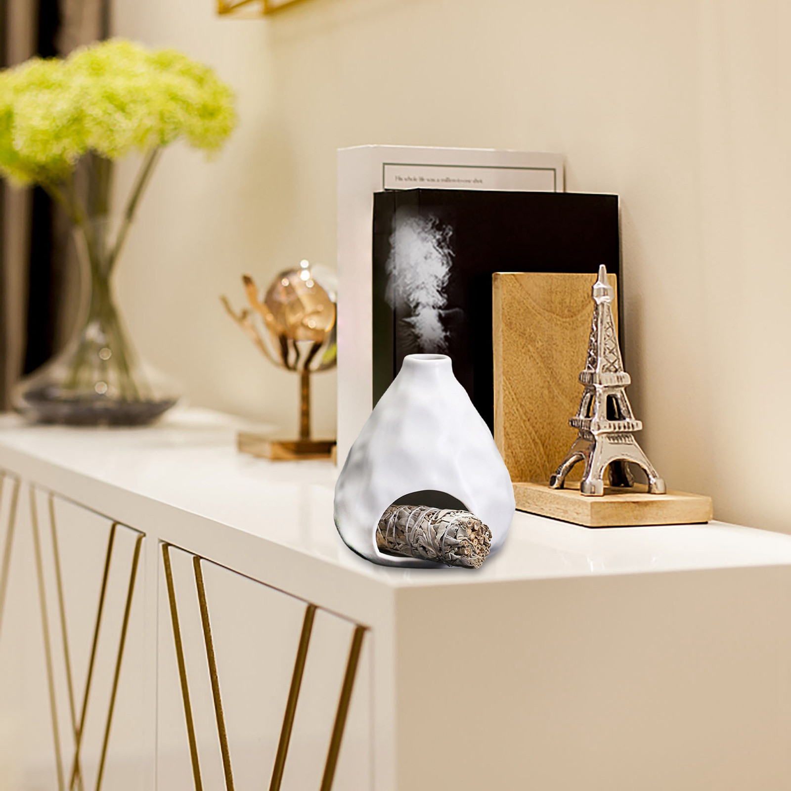Triangular Ceramic Incense Burner - Modern Sage & Cone Holder for Meditation, Energy Cleansing & Yoga - Elegant Ash Catcher Smudge Bowl - Home Decor Gift