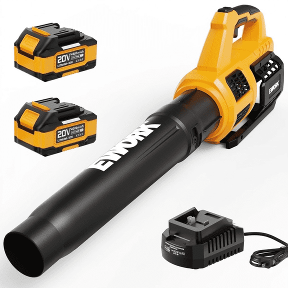 EWORK 20V Cordless Leaf Blower, 550CFM 150MPH Turbo, 2×4.0Ah Batteries & Fast Charger, Lightweight Handheld Electric Blower for Lawn Yard Patio Leaf Dust Cleaning-Yellow