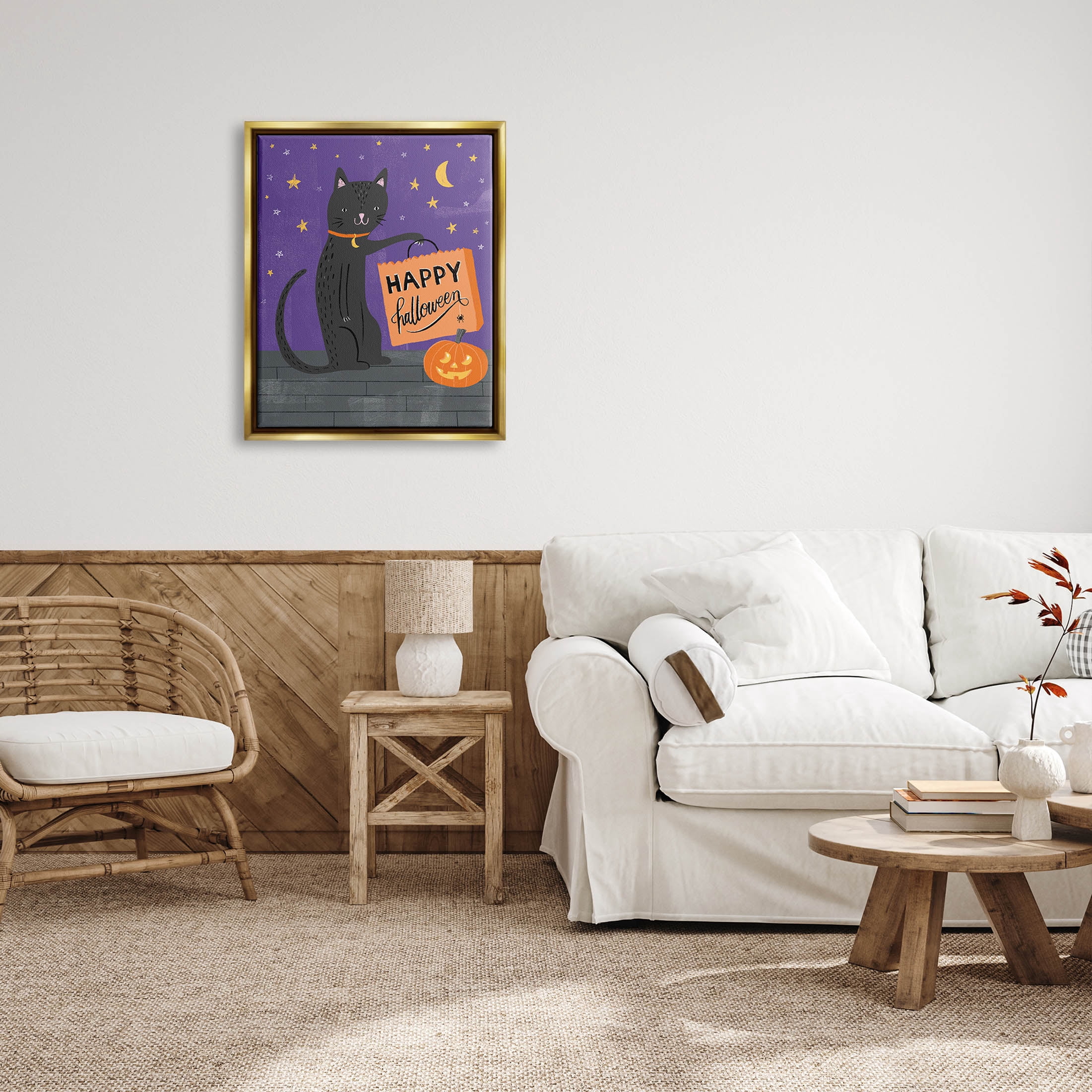 Stupell Industries Happy Halloween Black Cat Graphic Art Metallic Gold Floating Framed Canvas Print Wall Art, Design by Amanda McGee