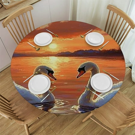 

Patifu Swans Sunset Lake Round Tablecloth Stain-Resistant Washable Indoor Outdoor Restaurant Wedding Party Waterproof Fabric Home Decor 42 -46