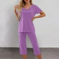 thumbnail image 2 of cfhntfmh Womens Pajama Sets Casual V Neck Short Sleeve Basic T-Shirts Loose Capri Pants Sleepwear with Pockets 2 Piece Pjs Sets, 2 of 6