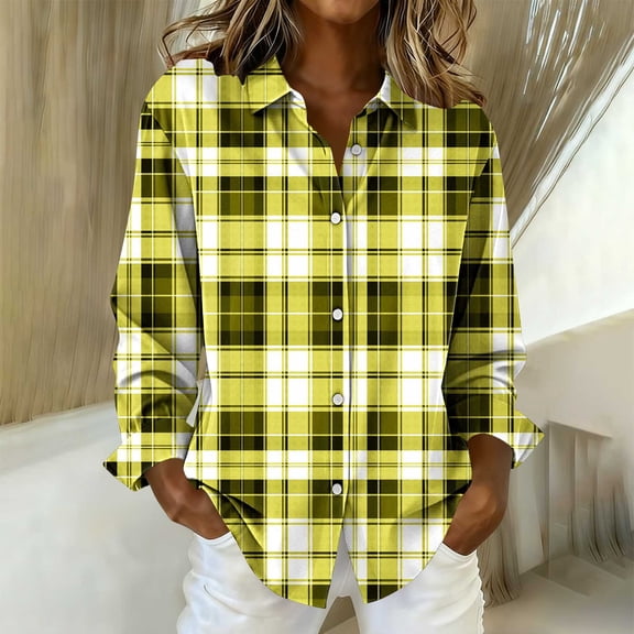 YHAJDS Womens Tops Plaid Print Breasted Long Sleeve Spring Summer Casual Shirt