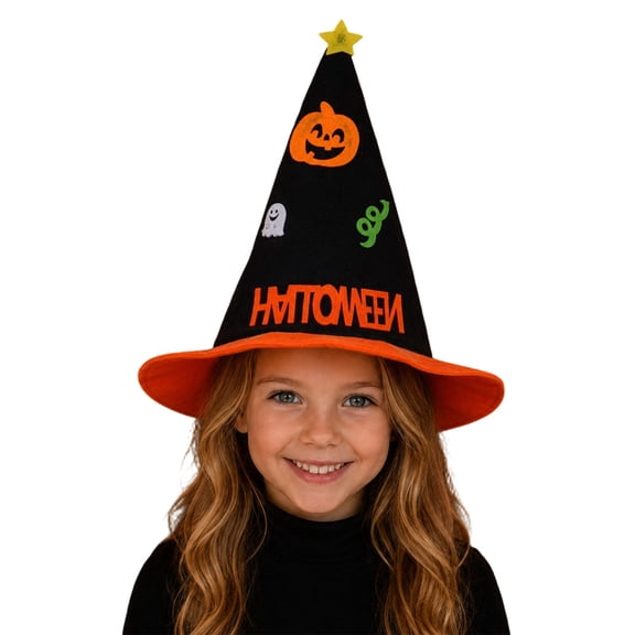 Venzia Kids Halloween Witch Hat, Pumpkin Face Wizard Hat for Boys Girls, Halloween Trick or Treat Party Accessory