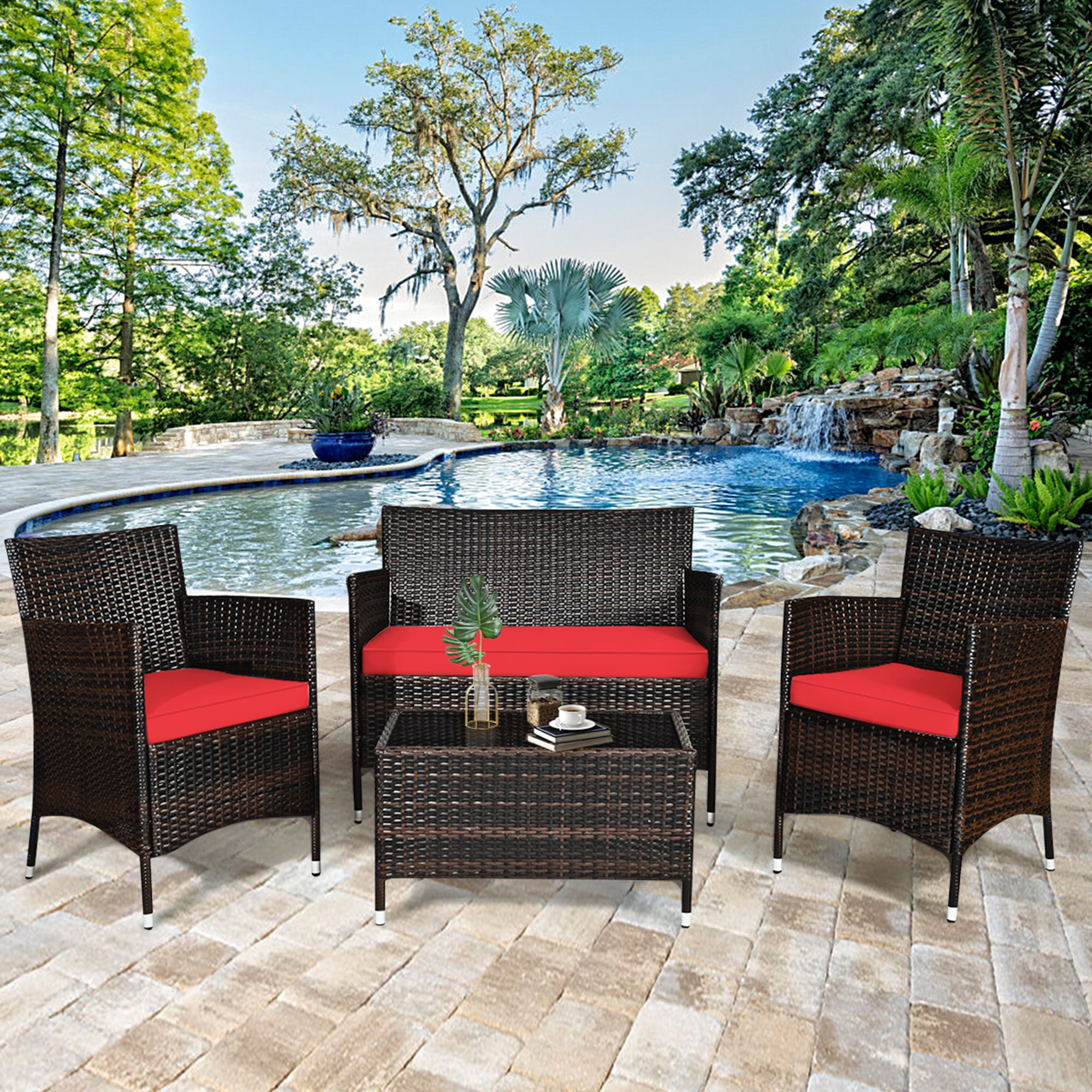 Gymax 4PCS Patio Rattan Conversation Furniture Set Outdoor w/ Red
