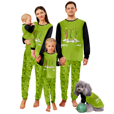 

FUNIER Family Christmas Pajamas Sets Merry Christmas Claus Cartoon Green Print Sizes Baby-Kids-Adult-Pet 2-Piece Top and Pants Bodysuits Pajamas Set