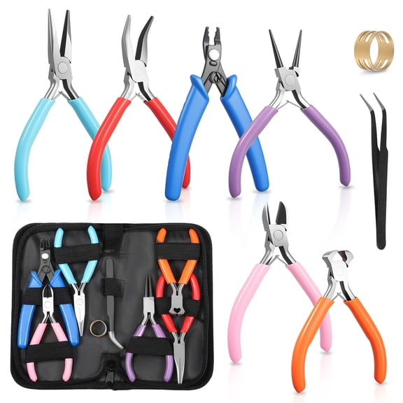 Grusce 6PCS Jewelry Making Tools Kit,Jewelry Pliers Set with Tweezers and Finger Ring Needle, Round Bent Nose Diagonal End Cutting and Holding Pliers for Jewelry Making Beading