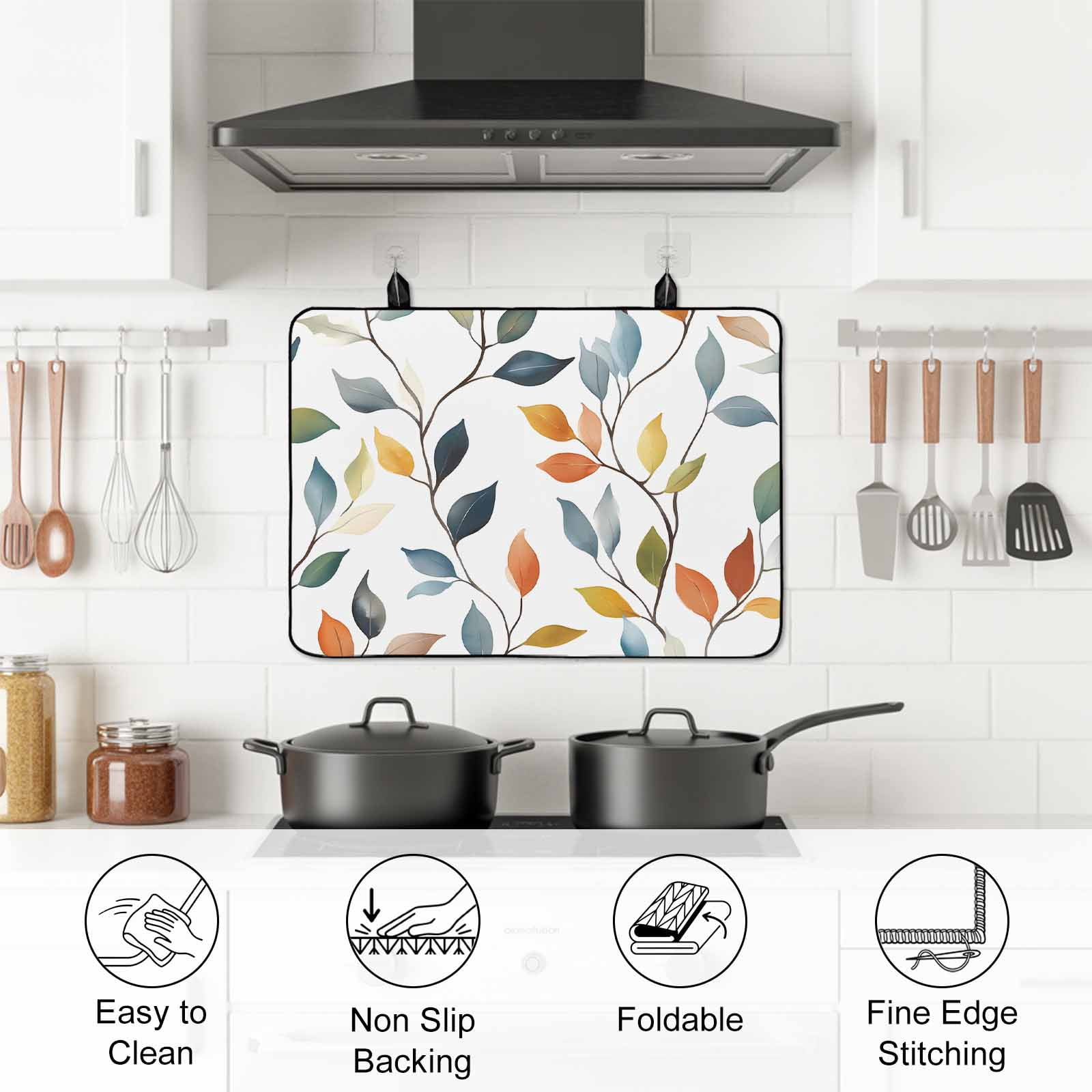 Colorful Leaf Stove Top Cover for Electric Stove, Heat-proof & Non Slip Glass Top Stove Cover Protector, Pastoral Botanical Summer Spring Kitchen Flat Cooktop Rubber Mat 24x21 Inches