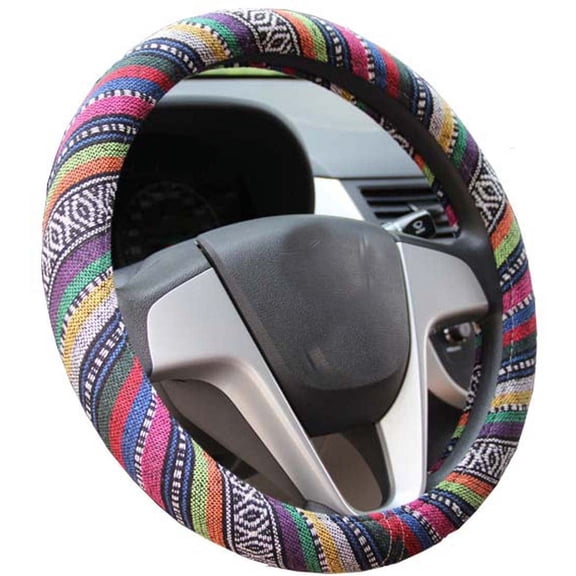 15 Inches Anti Slip and Sweat Absorption Auto Car Wrap Cover Ethnic Style Coarse Flax Cloth Automotive Steering Wheel Cover Fit Most Vehicles