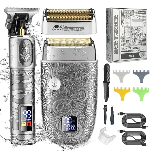 Tignapoo Men's 2-in-1 Waterproof Hair Clipper and Shaver Kit with LED Display, Rechargeable Electric Razor for Smooth Shaving, Grey