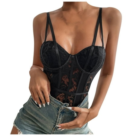 

DORKASM Tummy Control Shapewear Babydoll One Piece for Women Sleepwear Mesh Lace Floral Strappy Teddy Sexy Lingerie Snap Crotch Bodysuit S Black