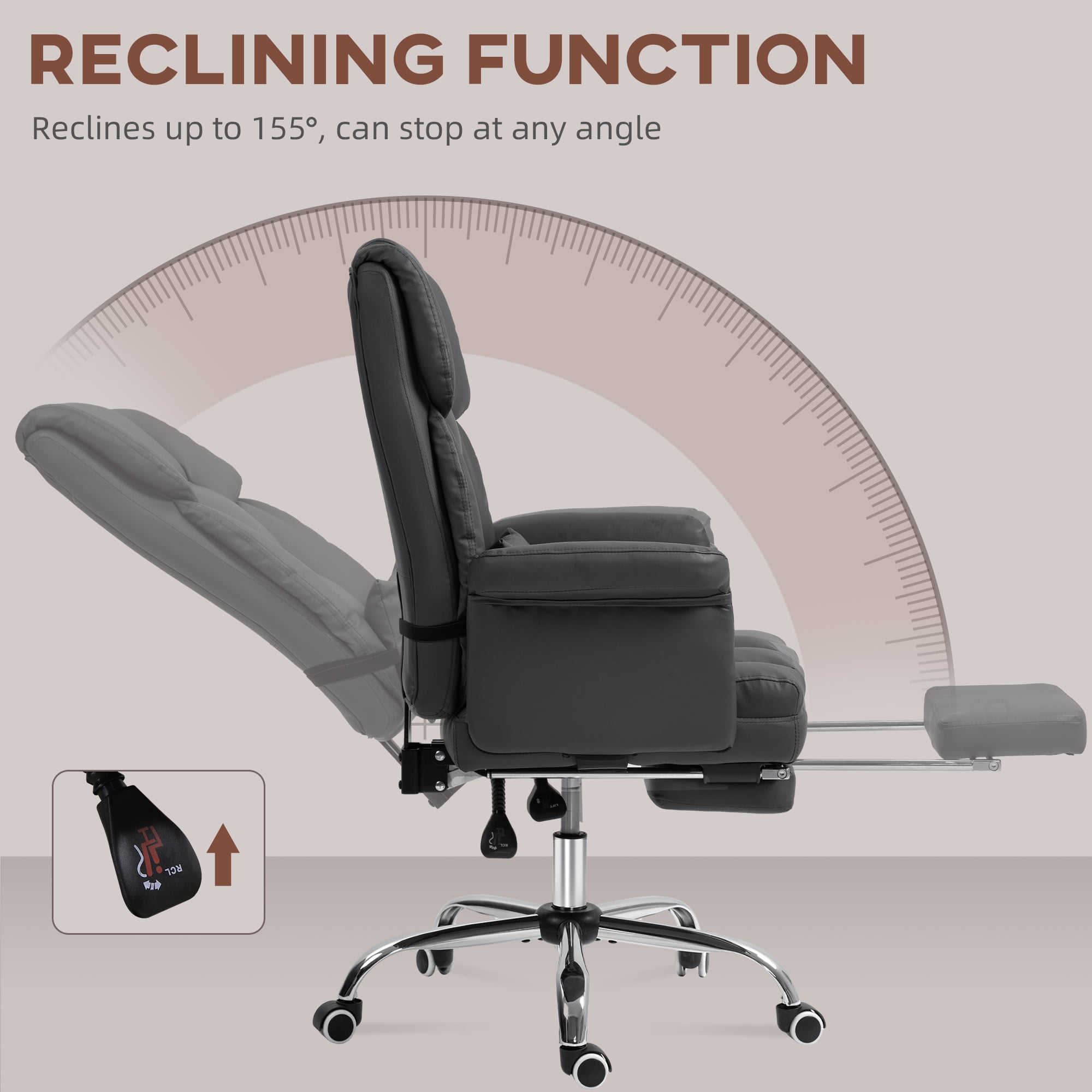 HOMCOM Executive Office Chair with Footrest and Lumbar Support, PU Leather Office Desk Chair, Ergonomic, Reclining and Swivel Chair, Black