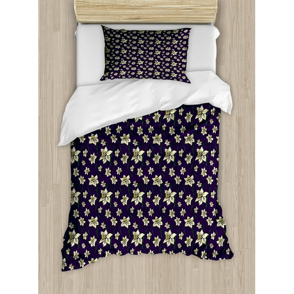 Floral Duvet Cover Set, Repeating Cartoonish Design Daffodil Flowers Botanical Art, Decorative 2 Piece Bedding Set with 1 Pillow Shams, Twin Size, Dark Purple Cream, by Ambesonne
