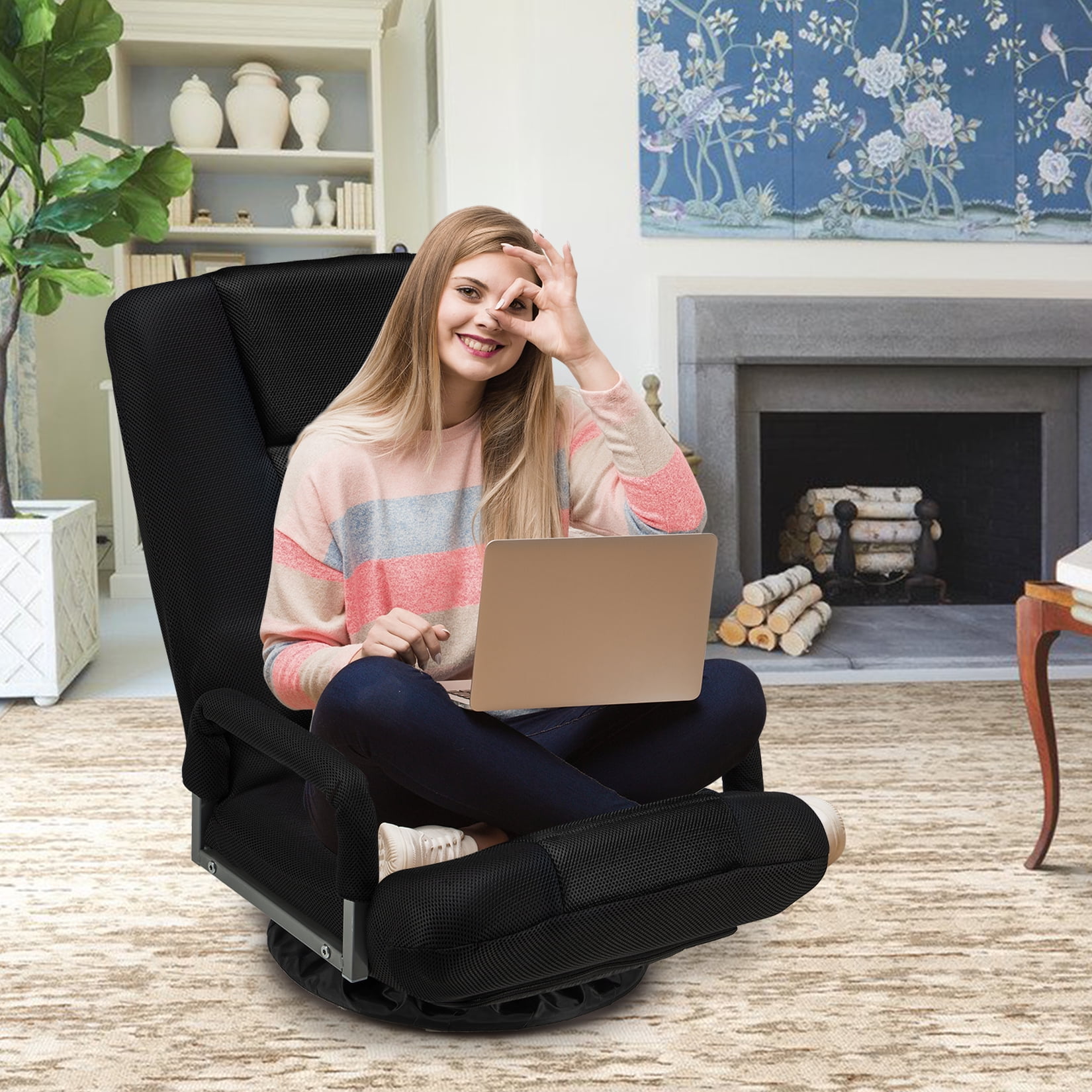 Avocahom Swivel Gaming Floor Chair w/ Armrest Handles, No Assembly gaming chair rocker, Folding Reclining Sofa w/6 Position Adjustable Backrest for Video Games, Watching TV, Reading,Black
