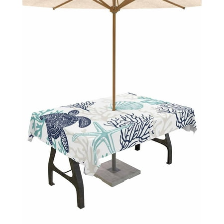 

Lsrtoss Outdoor Tablecloth with Umbrella Hole & Zipper Teal Blue Coastal Rectangle Tablecloth 60x120 Inch Sea Turtle Nautical Coral Summer Beach Patio Table Cover Waterproof Table Cloth for Picnic