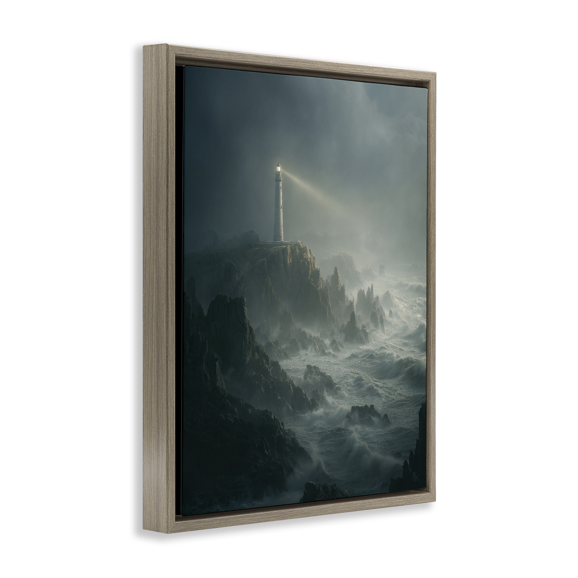 Lighthouse and Stormy Cliff Brown Framed Floater Canvas Wall Art, design by Ziwei Li
