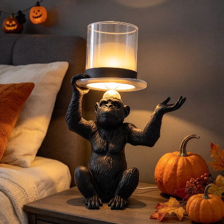 Bedside Lamps,Halloween Desk Decor,Top Hat Monkey Table Lamp,Resin Sculptural Night Light, Plug-in Warm Ambient Desk Lamp for Bedroom Living Room Office Decor(Black 13.8in)