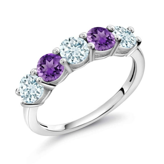Gem Stone King 925 Sterling Silver Sky Blue Aquamarine and Purple Amethyst Wedding Band Ring for Women (0.96 Cttw, Round 3.5MM, Gemstone March Birthstone, Size 9)