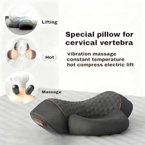3-in-1 Neck Massager with Heat and Vibration, Black Memory Foam Cervical Pillow, Electric Traction Support for Pain Relief and Sleep Aid(Black,1PC)