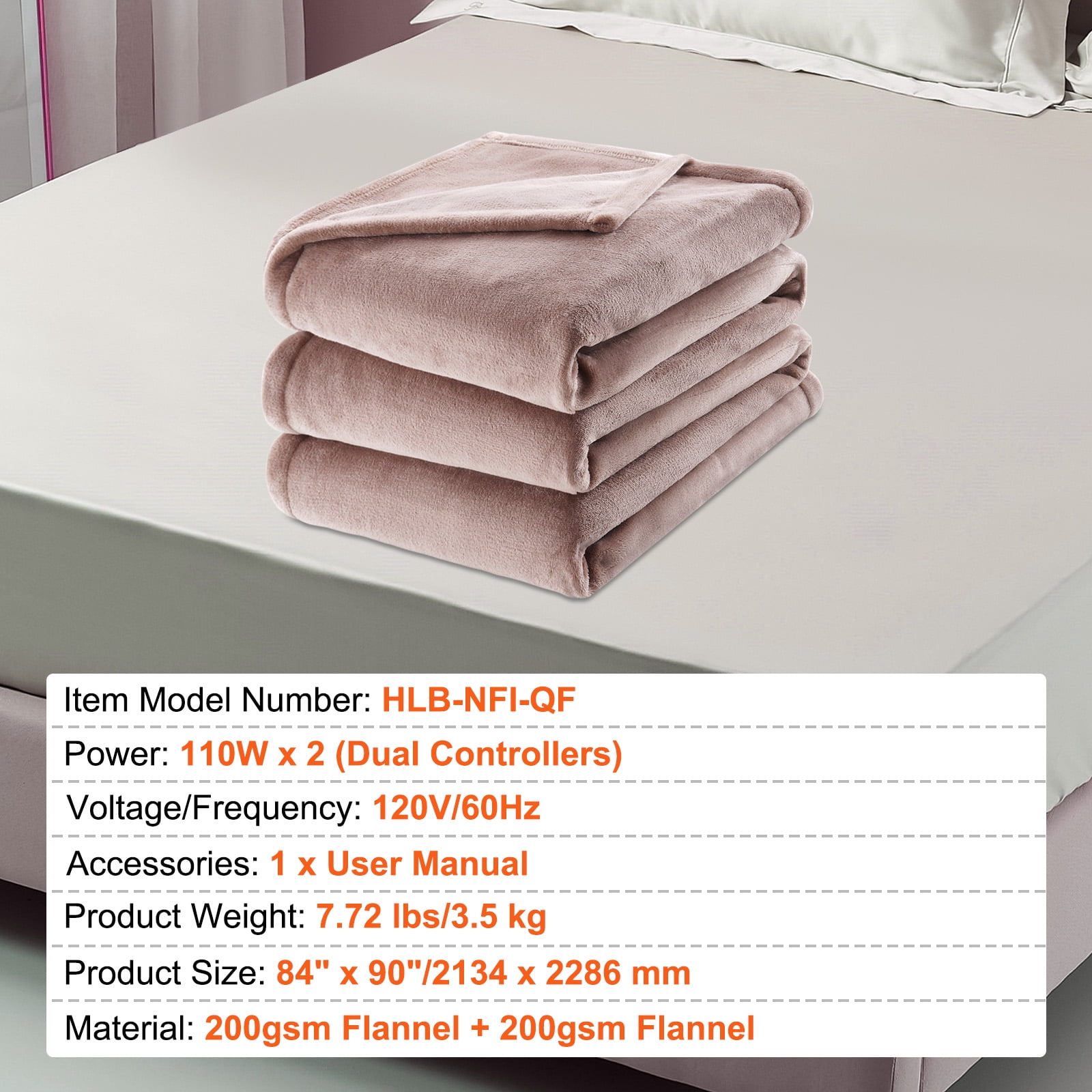 VEVOR Heated Blanket Electric Throw, 84" x 90" Queen Size, Soft Flannel Heating Blanket with 10 Hours Timer Auto-off & 5 Heating Levels, Dual Control, Machine Washable, ETL & FCC Certification