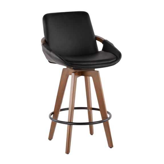 LumiSource Cosmo Counter Stool - Walnut & Black Faux Leather - Mid-Century Modern Style - Kitchen & Bar Seating - Fixed Height - Indoor Use Black   Faux Leather