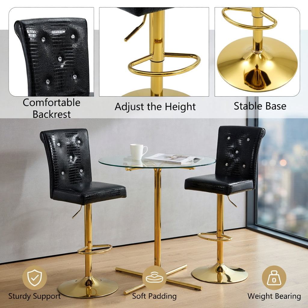 Hommoo 2-Pack Vintage Crocodile-Texture Lift Bar Chairs with Crystal Buckle Accents, Waterproof PVC Leather, Easy Assembly for Dining Room, Kitchen & Bar, Black