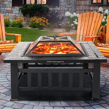 Fire Pits for Outside, 32" Wood Burning Fire Pit Tables with Screen Lid, Poker, BBQ Net, Ice Tray, Food Clip and Cover, Backyard Patio Garden Outdoor Fire Pit/Ice Pit/BBQ Fire Pit, Black