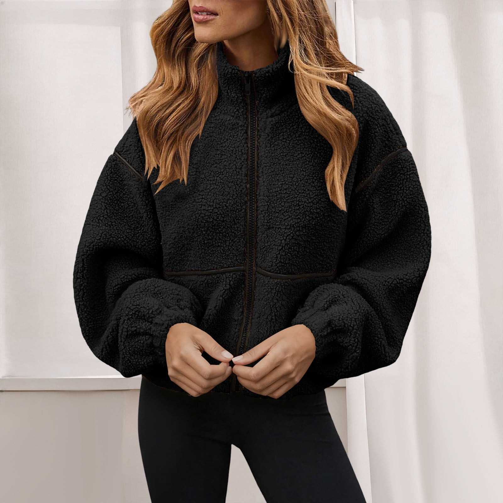 Womens Full Zip Sherpa Coat Colorblock Stand Collar Fleece Crop