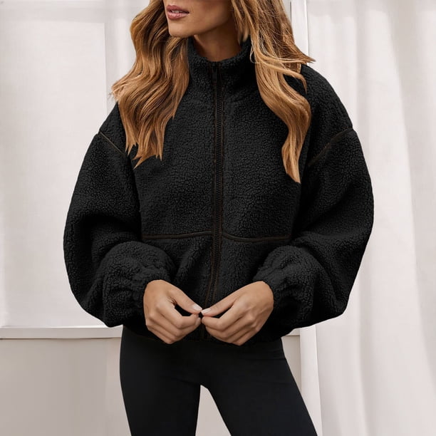 HongQid Womens Coat Casual Lapel Full Zip Fleece Jacket Long Sleeve Oversized Warm Winter Outwear with Pockets