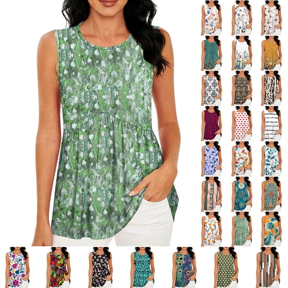 Smsaxvxz Womens Summer Tank Tops Fashion Floral Printed Crew Neck Sleeveless Pleated Casual Loose Blouse T-shirts Green M