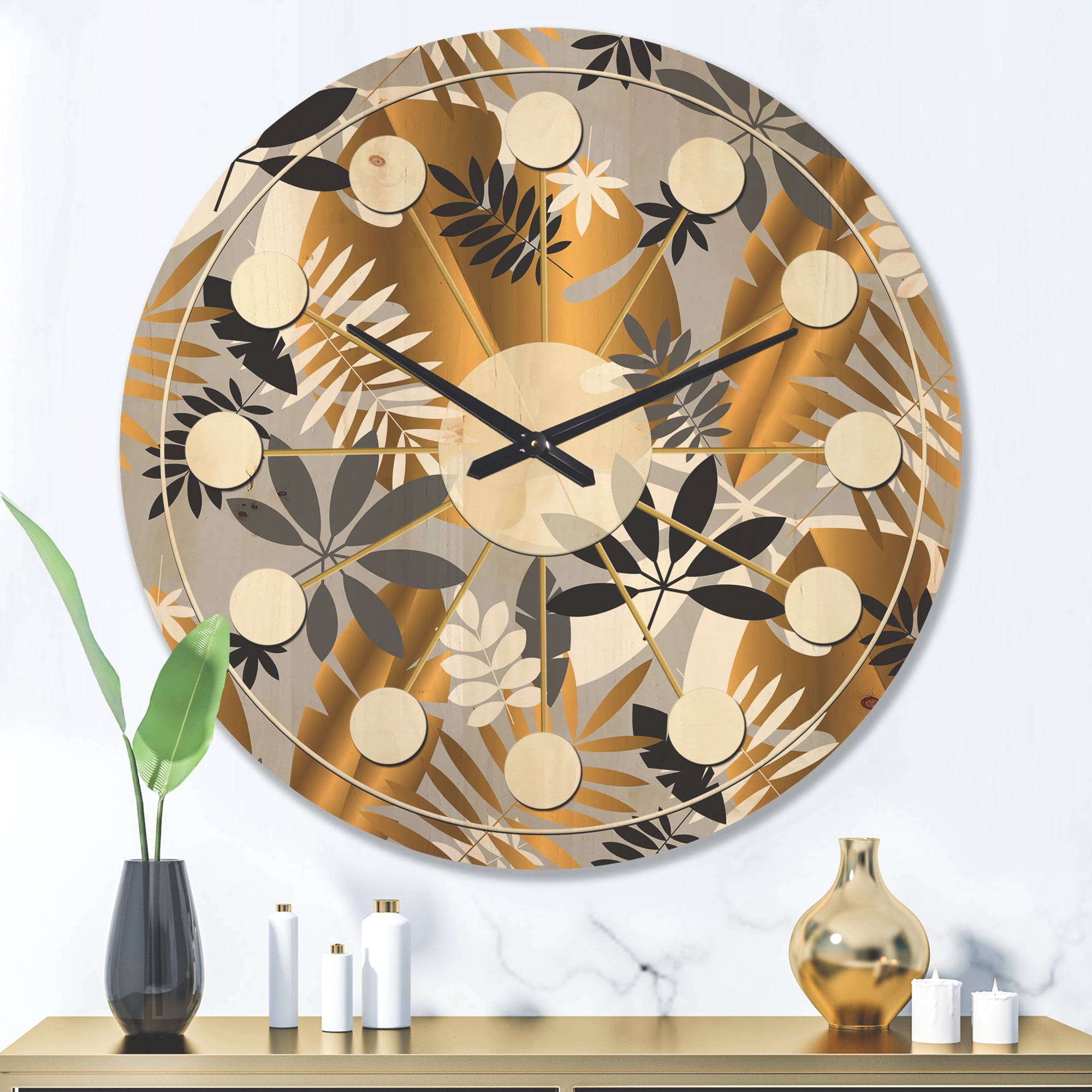 Designart 'Retro Geometric Luxury Jungle Foliage Pattern' Mid-Century Modern Wood Wall Clock