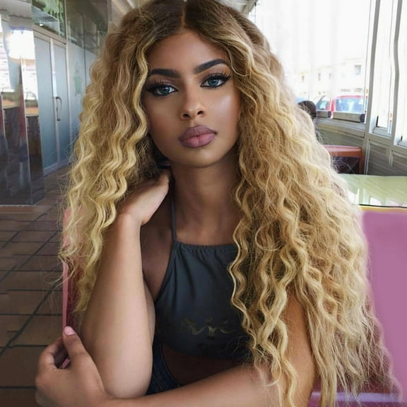 Black Gold Long Curly Hair Wig Synthetic Water Wave Long Hair Wigs