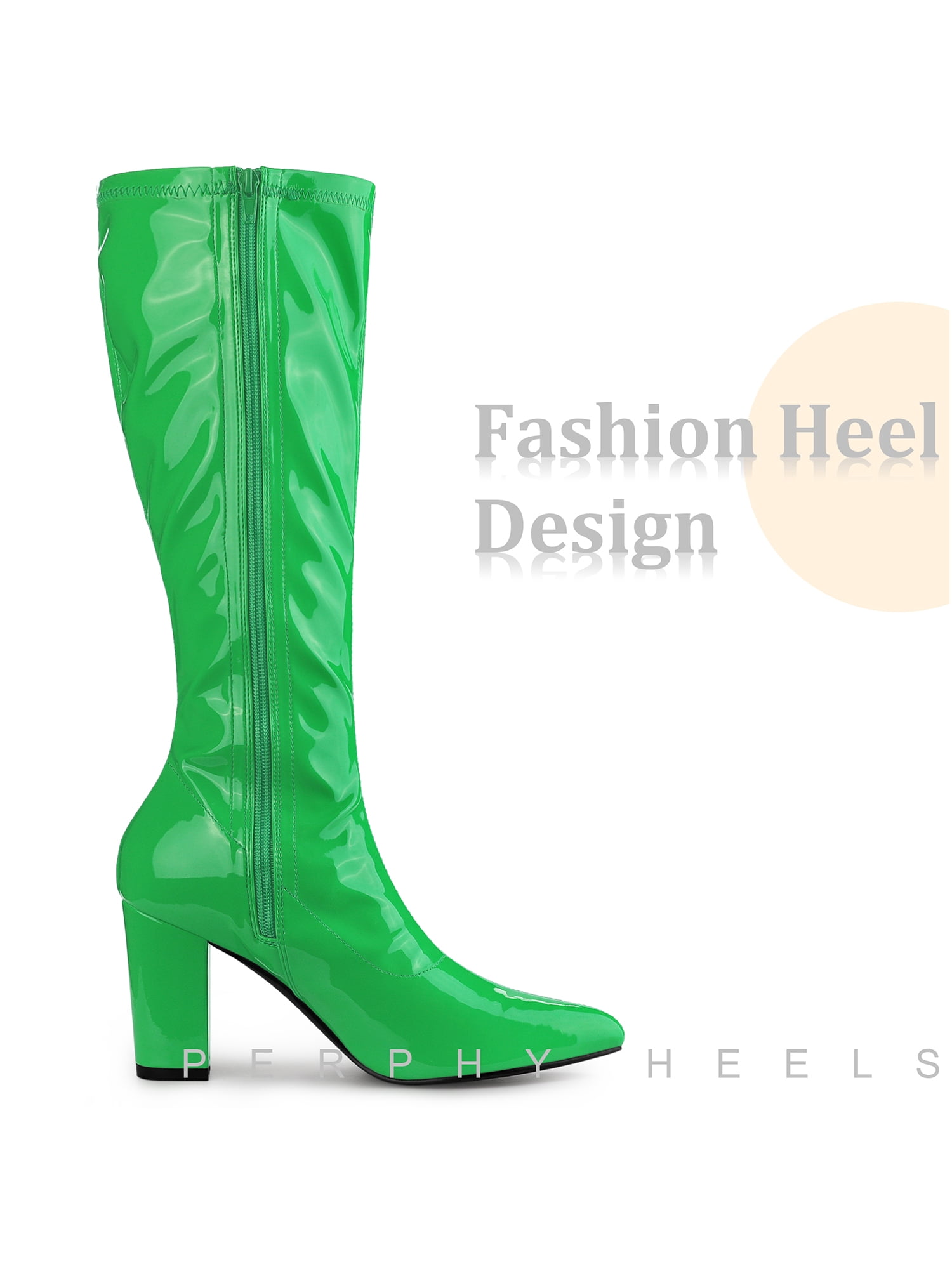 DARING DIVA Women's Go Go Boot Patent Leather Chunky Heels Knee High Boots Green 9