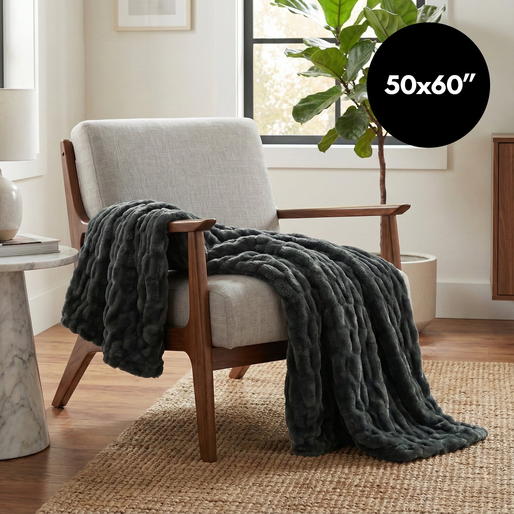 Faux Fur Throw Blanket - 50x60 Inch Luxury Rouched Design - Soft Plush Blanket for Couch, Sofa, and Bed - Premium Warm Cozy Home Decor - Grey