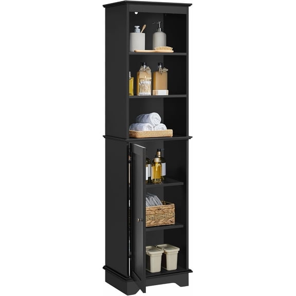 WSWJY 60.5" Freestanding Bathroom Storage Cabinet, Tall Slim Floor Cabinet with 3 Shelves & Door, Space Saving Organizer, Home Storage Furniture, Black