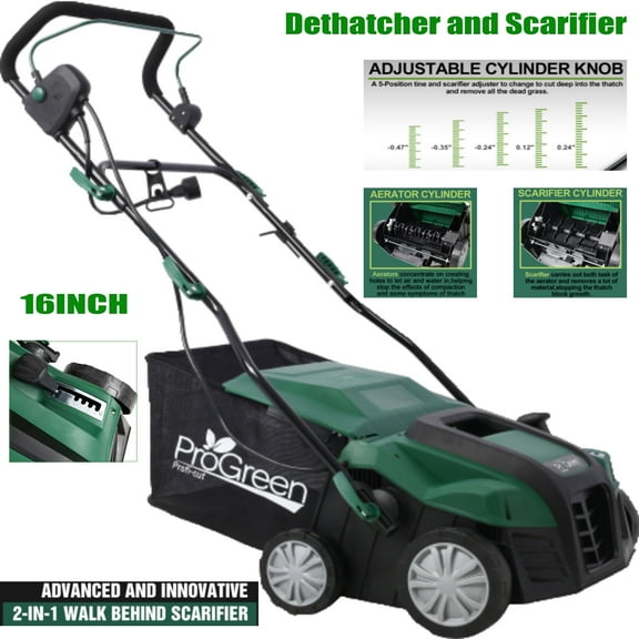 16-Inch Electric Lawn Dethatcher and Scarifier with Extra Large 58QT Collection Bag, 15 Amp 2-IN-1 Scarifier and Dethatcher Gardening Equipment,Height Adjustable