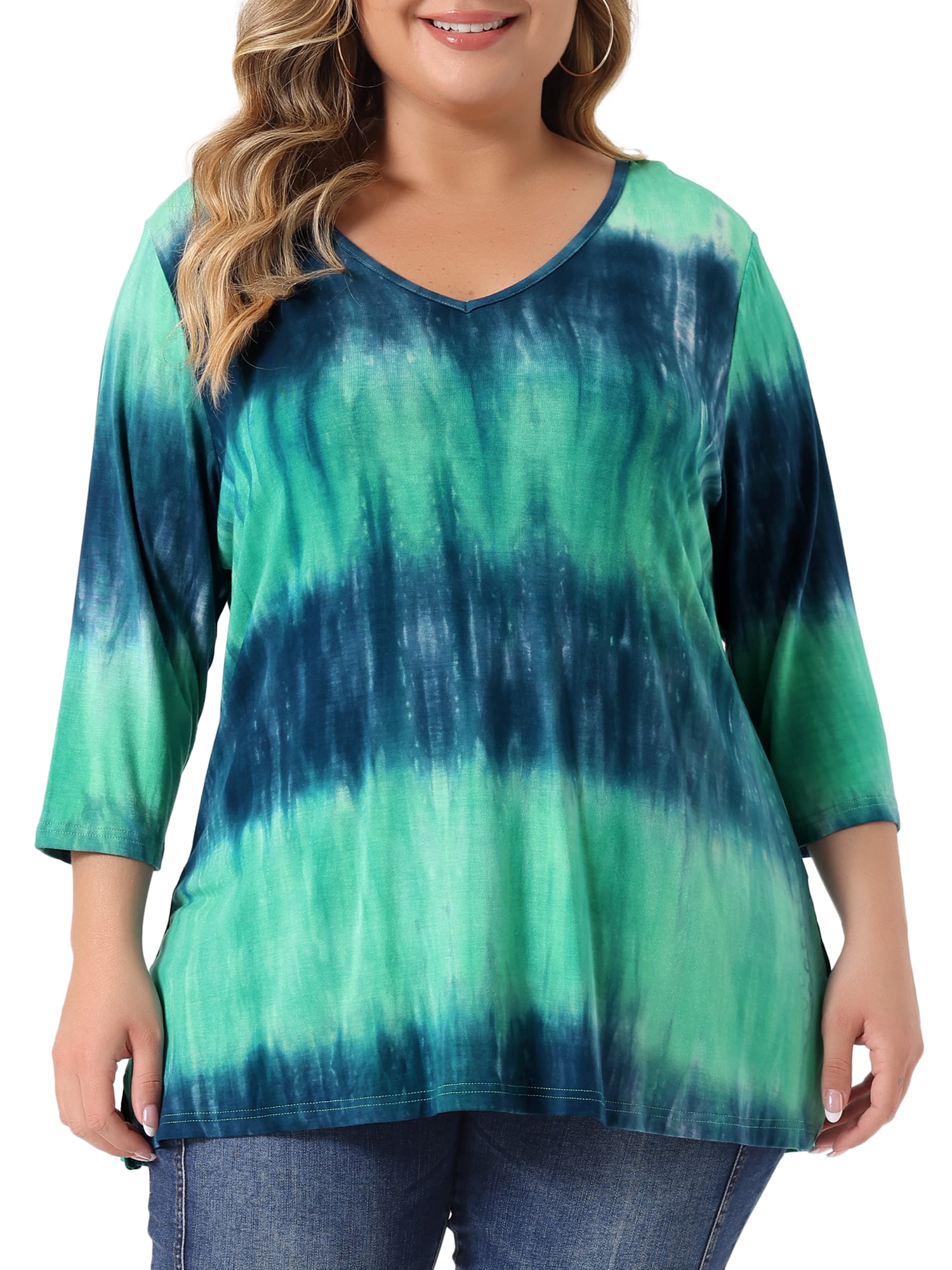 DARING DIVA Women's Plus Size V Neck 3/4 Sleeve Striped Tie Dye Blouse 4X Tiedye Green