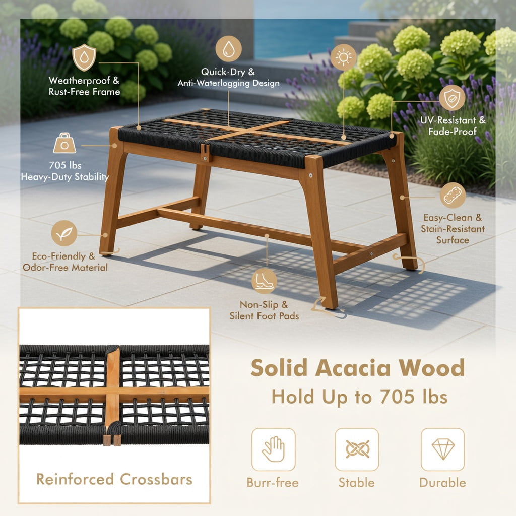 Hommoo 2-Person Outdoor Acacia Wood Bench with Breathable Rope Backrest & Armrests, Garden Seating for Patio, Porch, Backyard, Black