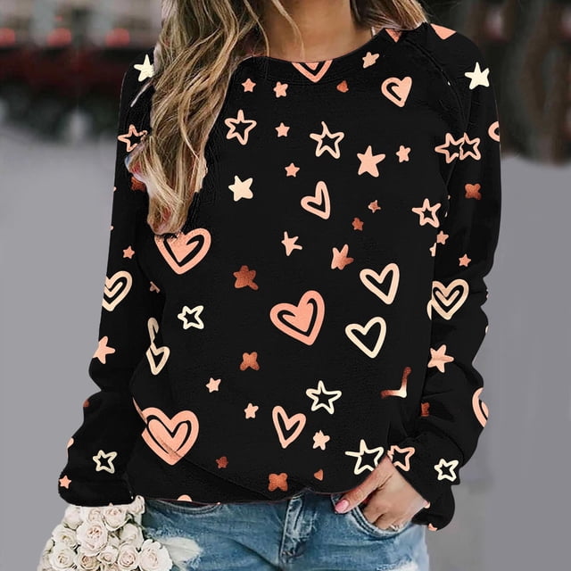 RKSTN Blouses pour Femmes, Chandail en Molleton Imprimé de la Saint-Valentin, Épaule à Manches Longues, Col Rond, Blouses Habillées Décontractées