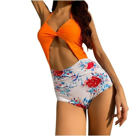 

VKEKIEO One-Piece Swimsuit Sport Bra Style Back-Smoothing Orange S