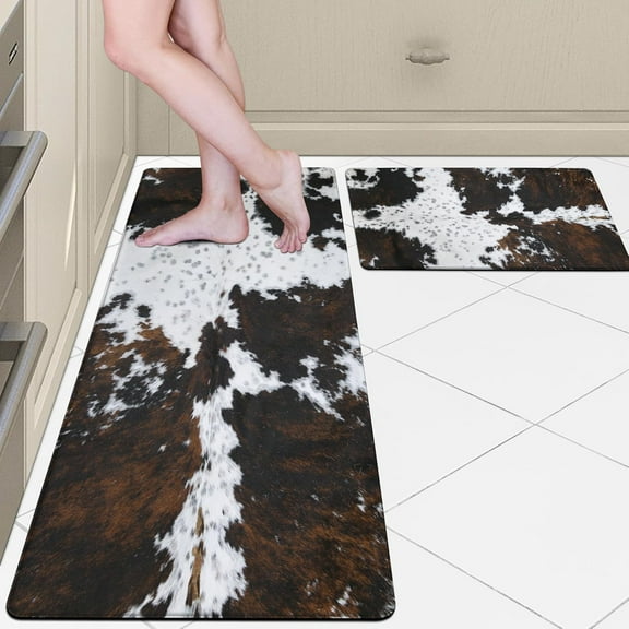 Kitchen Rugs pvc Mats Set of 2 Western Kitchen Decor Anti Fatigue Cushioned Cow Kitchen Rugs Sets Non Slip Waterproof Kitchen Floor Mats for Sink Laundry (Black Brown, 17.5"x29.5" 17.5"x47")