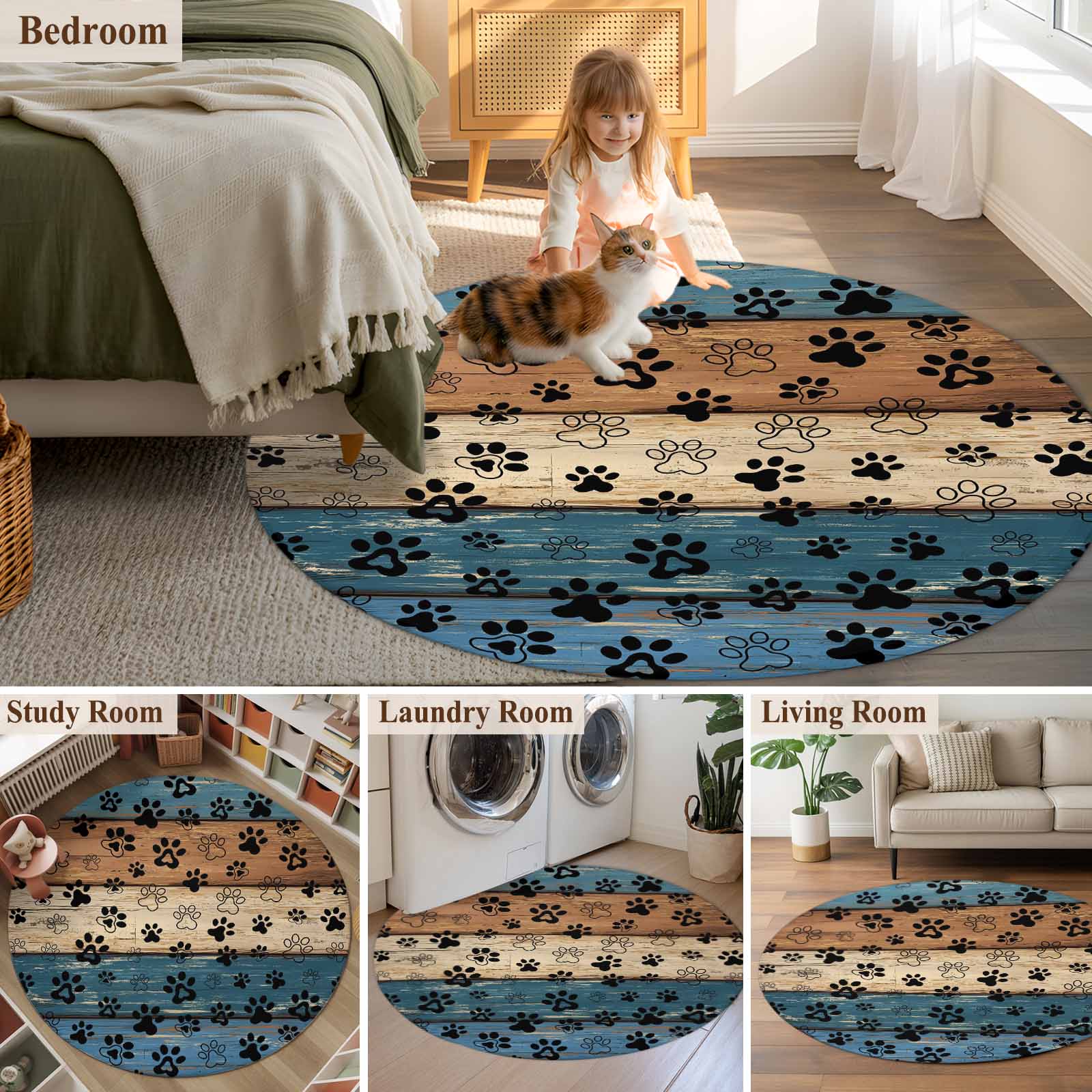 Round Area Rug 5 Ft, Navy Blue Brown Washable Non-Slip Circle Carpet for Living Room/Bedroom, Rustic Farmhouse Dog Paw Vintage Low-Profile Runner Mats Collection Rugs for Indoor