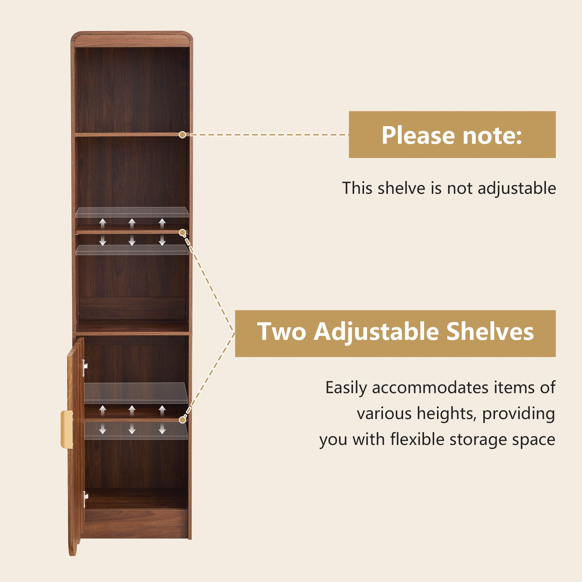 YOCWO 67" Tall Bathroom Storage Cabinet with Adjustable Shelves, 5 Tiers & 1 Door Bathroom Storage Tower with Wave Panel & Mental Handle, Freestanding Narrow Cabinet for Small Spaces, Walnut
