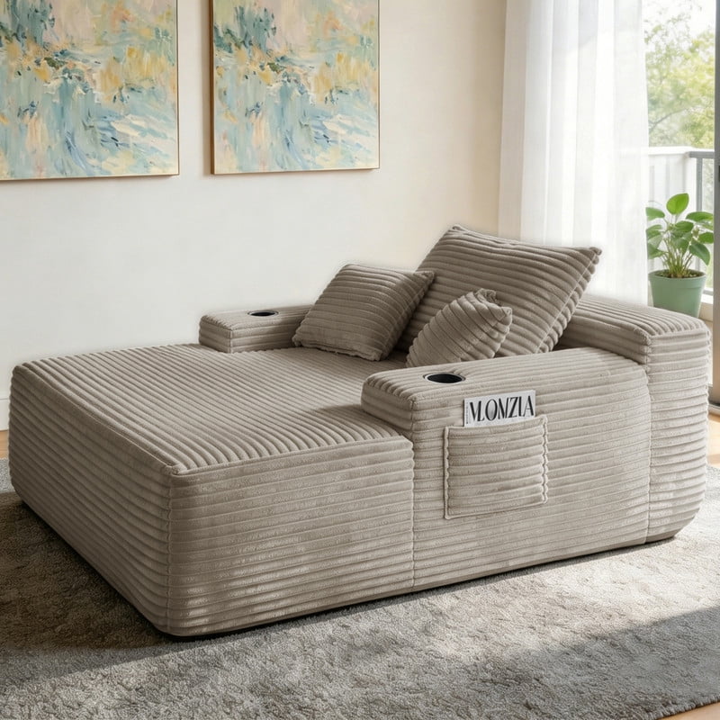 Oversized Chaise Lounge Chair with Cup Holders, Boneless Upholstere Sleeper Chair Deep Seat Sofa Bed Cloud Couch for Living Room, No Assembly Required